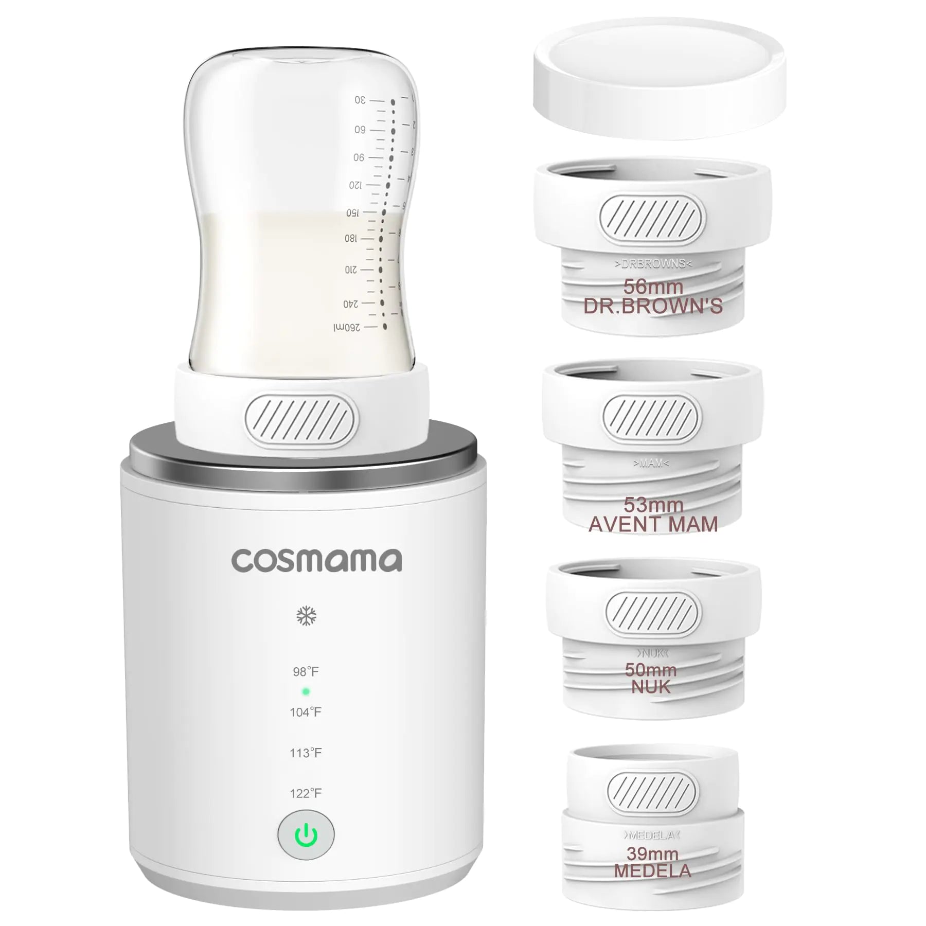 COSmama Baby Bottle WarmerPortable Bottle Warmer for Travel Compatible with Most Bottles Rechargeable Baby Brew Bottle Warmer with 4 Adapters for Formula & Breastmilk Precise Temperature Selection